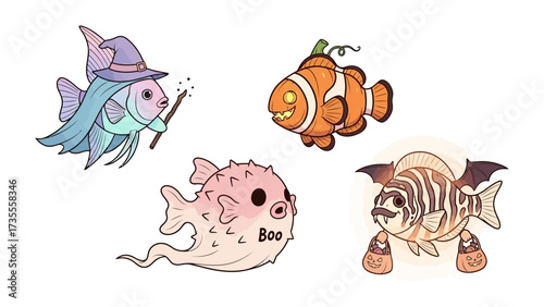 Whimsical Halloween Fish Characters: A captivating collection of Halloween-themed fish characters, each with their unique costumes and endearing personalities, ready to cast a spell of festive charm.