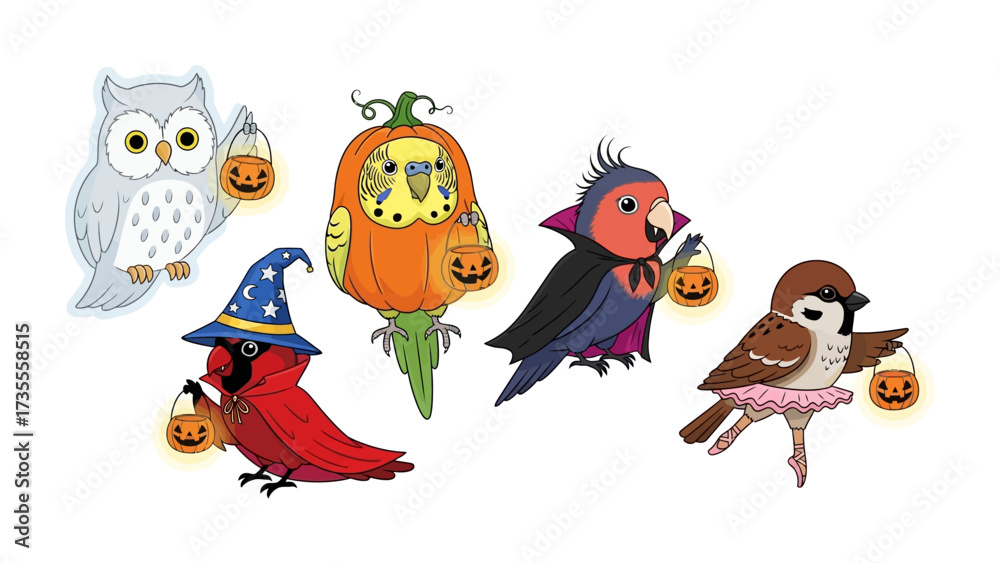Obraz premium Halloween Birds: A whimsical illustration of adorable birds in Halloween costumes, holding festive pumpkin lanterns, ready to trick-or-treat.