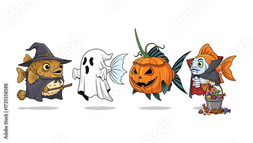 Whimsical Halloween Fish: A vibrant Halloween-themed illustration features a playful quartet of fish dressed as a witch, a ghost, a jack-o'-lantern, and a vampire.