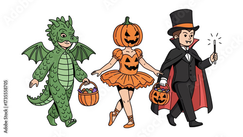 Halloween Costumes: A trio of children, each adorned in a unique and enchanting Halloween costume, are carrying treat baskets, ready for trick-or-treating and fun.