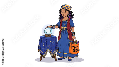 Fortune Teller at Halloween: A young fortune teller, adorned in mystic attire, gazes into a crystal ball while holding a Trick or Treat bag, a whimsical Halloween illustration. 