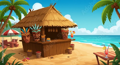 Tropical beach bar illustration tiki masks cocktails palm trees seaside