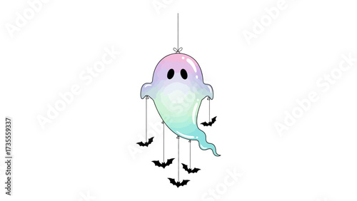 Spooky Pastel Ghost Decoration: A whimsical illustration of a pastel-colored ghost decoration, complete with dangling bats. A touch of Halloween spirit and charm.