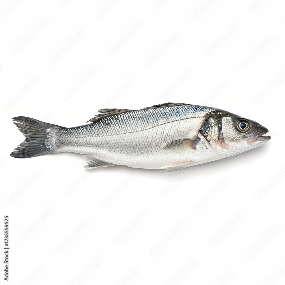 Obraz premium Whole Sea Bass Fish on White Background