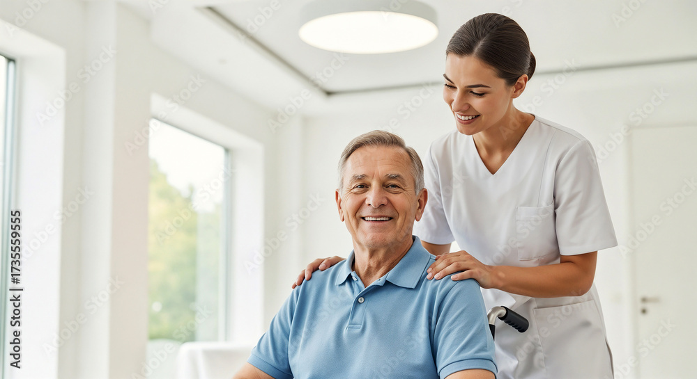 Fototapeta premium Senior man sitting in a wheelchair with a nurse standing beside him, smiling and providing support.
