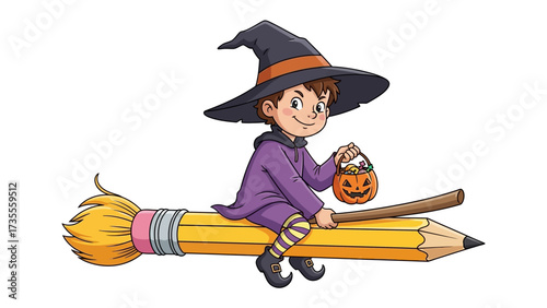 Whimsical Halloween Witch Ride: A charming witch takes flight on a magical broomstick, a pencil in this case, under a hat, carrying a carved pumpkin container.
