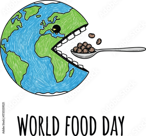 Planet earth eats food spoon illustration represents global hunger awareness concept vector