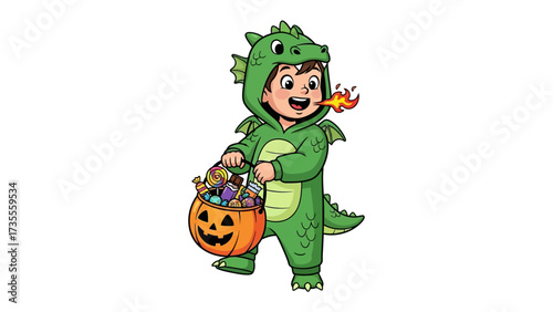 Spooky Dragon's Harvest: A joyous child in a whimsical dragon costume, smiles brightly while clutching a pumpkin-shaped treat basket. He happily embarks on his thrilling Halloween journey.