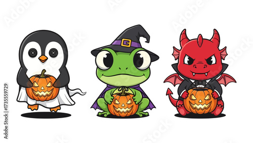 Halloween Cartoon Animals: A trio of adorable cartoon creatures, a penguin, frog, and devil, each clutching a carved pumpkin lantern, ready for a night of spooky fun. Perfect for festive designs!