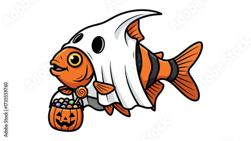 Halloween Fish Costume: A charming and whimsically designed cartoon illustration depicts a fish adorned in a ghost costume, celebrating the Halloween spirit.