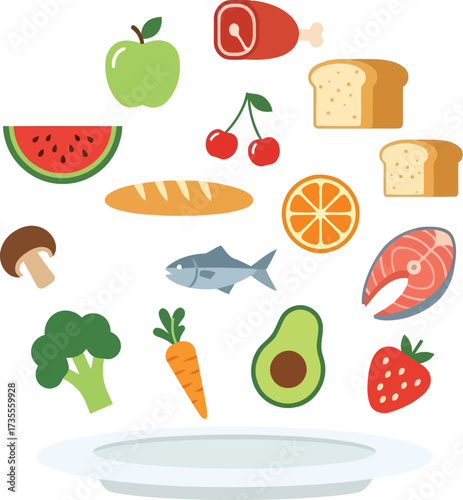 Fresh healthy foods collection fruit vegetable meat fish for delicious meal preparation vector