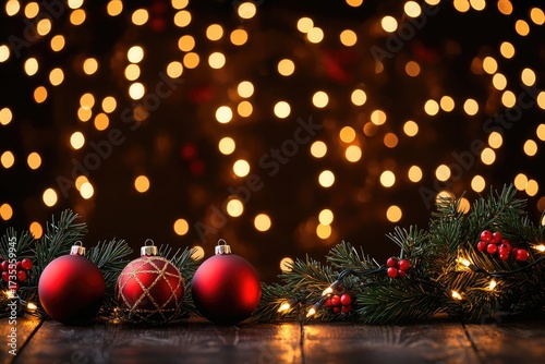 Christmas background with red ornaments and garland on wooden table, festive holiday decor for seasonal celebrations and greeting cards