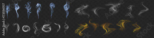 Realistic white cloud or fire smoke in the sky and vector weather element on transparent background. Chimney smoke, fog wave or cloud pattern with overlay effect. Cloud art or smoky air illustration.