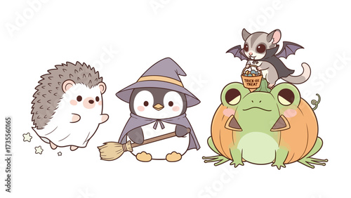 Enchanted Halloween Creatures Gathering: A whimsical scene featuring adorable, cartoonish Halloween creatures, each dressed in their unique costumes and ready for a night of trick-or-treating.