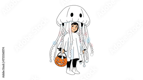 Jellyfish Costume Delight: A young child, beaming with innocent joy, dons an ethereal jellyfish costume for the spooky season.