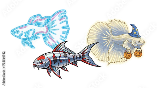 Whimsical Aquatic Trio: A vibrant illustration presents three distinct fish, each boasting unique designs and playful characters that add a creative splash of whimsy to aquatic life.