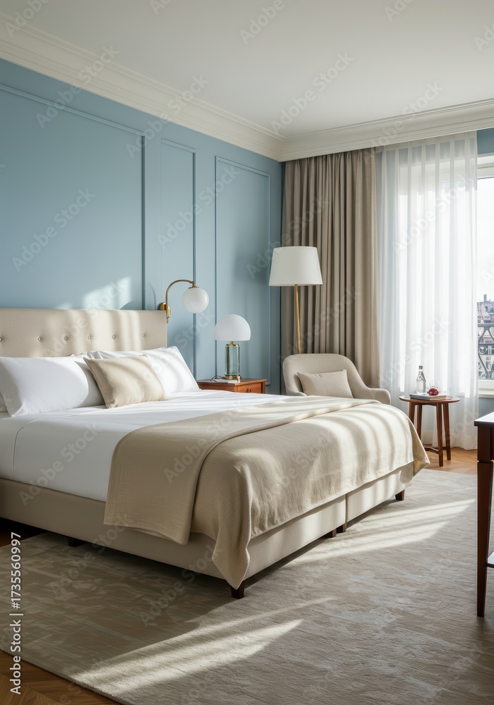 Fototapeta premium A modern, luxury hotel bedroom interior design concept for marketing design, sale promotion, or booking message overlay. Hospitality service living space for banner with empty space. 