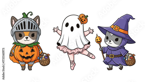 Whimsical Halloween Costume: A cute Halloween-themed illustration featuring charming characters dressed in festive costumes, evokes joy and delight.