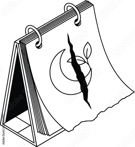 Artistic calendar page flip doodle with moon and apple illustration simple drawing style vector