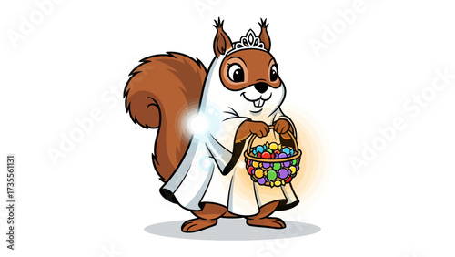Spooky Squirrel's Halloween Celebration: A charming cartoon squirrel in a ghostly costume, illuminated by glowing orb, gleefully carries a basket filled with colorful treats.