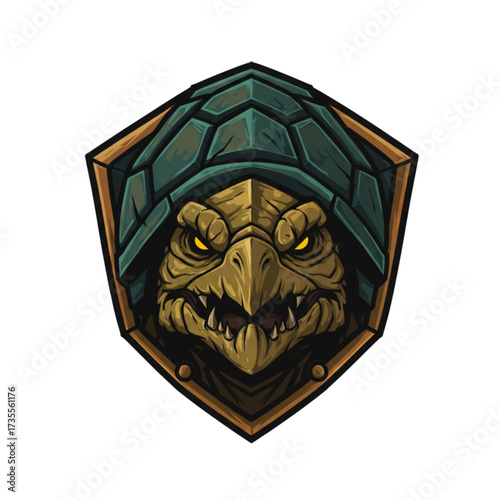 Fierce Armored Turtle Mascot Vector Logo - Snarling Reptile Warrior Shield Badge with Shell Helmet for Fantasy Gaming Esports and Tattoo Designs