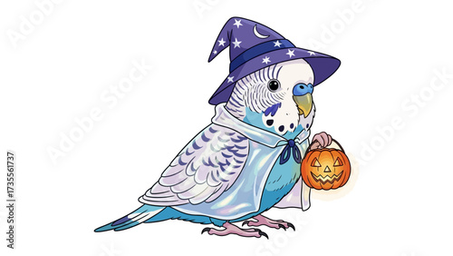 Whimsical Budgie in Halloween Costume: A cheerful budgie parrot, decked out in a charming wizard costume complete with a pointy hat and holding a jack-o'-lantern bag, spreads a magical.
