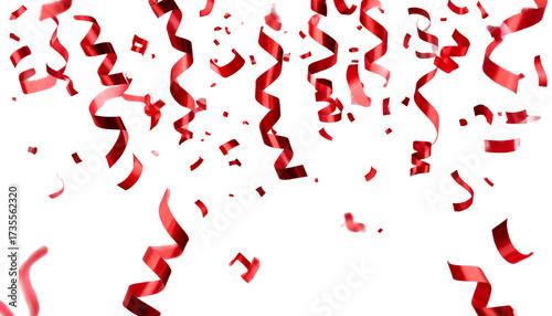 Red metallic confetti falling on white background, festive shiny ribbons and streamers, celebratory party decoration png for holiday events
