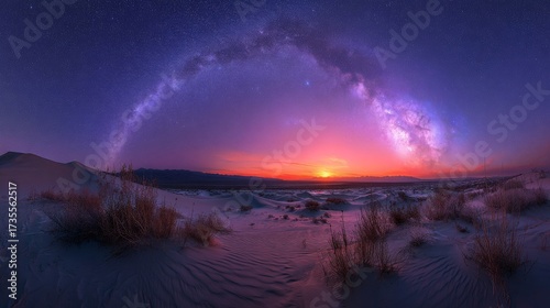Wide Angle Milky Way Vista Over Desert Sand Dunes at Night