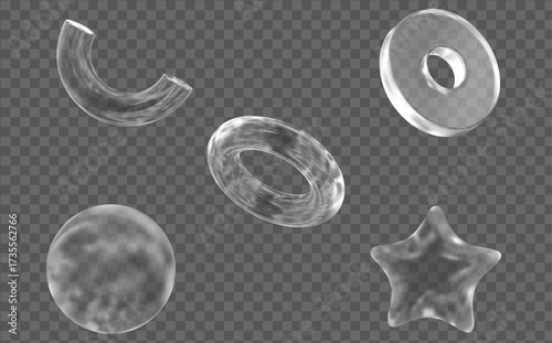3d set glass transparent geometric shape:  sphere, torus, star, disk. Simple white figures with grid for your design. Stock vector illustration on isolated background.