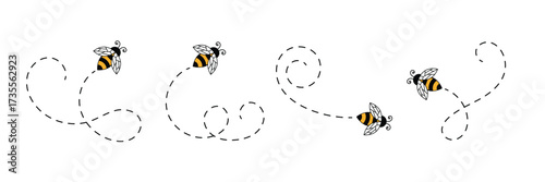 Cute bees characters collection. Flying bees with dotted path. Insects group. Cartoon  bee icon. Vector bee illustration.  eps 10