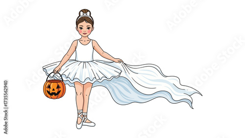 Halloween Ballerina: A graceful illustration showcases a young ballerina transformed for Halloween, donning a white dress and tutu, delicately holding a Jack-o'-Lantern basket