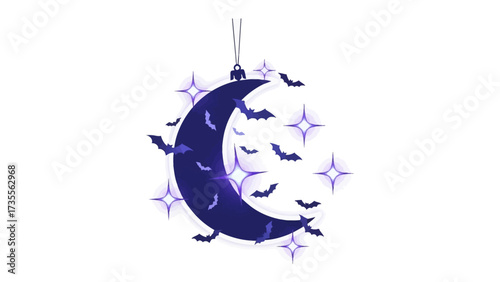 Mystical Nighttime Spectacle: A bewitching moon, adorned with silhouettes of bats and sparkling stars, sets a scene of ethereal charm against the night.