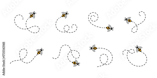Set of bees with hearts. Collection of flying bees in a dotted line . Bee flying on a dotted route isolated on the white background. Vector illustration. 
