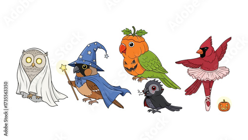 Whimsical Halloween Birds: An enchanting array of cartoon birds in vibrant costumes, each embracing a unique Halloween persona, creates a playful, festive mood.