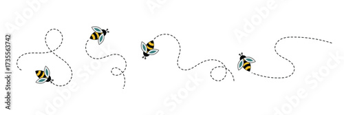 Bee flying doted path, line way. Bumblebee fly route journey for travel. Bees flying path. Cartoon bee fly dotted line route, bumblebee wasp hornet honeybee flight track buzz bug baby . eps 10