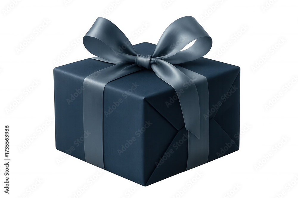 Fototapeta premium Dark blue gift box with silver ribbon, celebrating a special occasion, anniversary, or holiday surprise