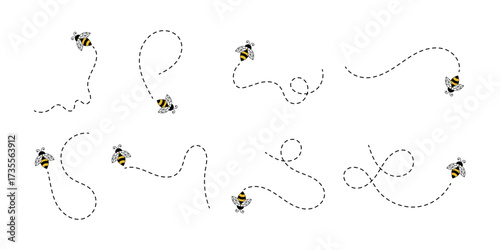 Bee flying doted path, line way. Bumblebee fly route journey for travel. Bees flying path. Cartoon bee fly dotted line route, bumblebee wasp hornet honeybee flight track buzz bug baby . eps 10