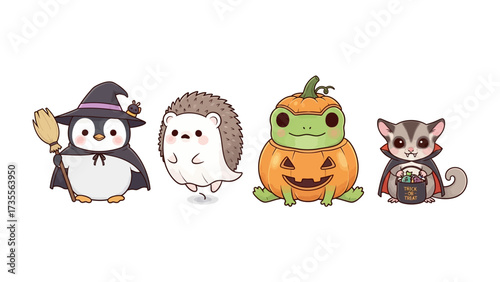 Spooky Halloween Critters: A whimsical ensemble of charming creatures decked out in adorable Halloween costumes. A penguin with a witch hat, a hedgehog in a ghost costume, a frog in a pumpkin.