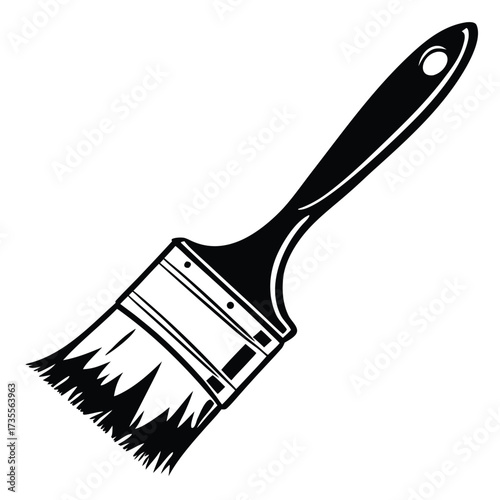 Black and white vector art of a paint brush with a wide head and distinct bristles on a white background