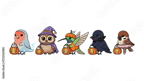Halloween Birds: A whimsical illustration of a gathering of five cheerful birds in charming Halloween costumes, holding miniature treat baskets, bringing a festive and adorable vibe.