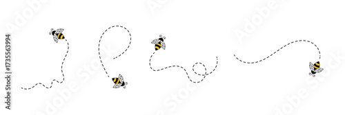 Bumble bee dash line, cute honey bee with dotted lines on white background, honey bee with dotted line vector  . eps 10