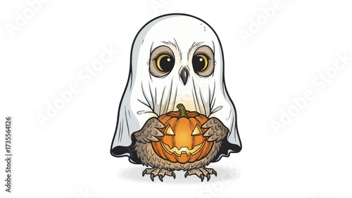Whimsical Halloween Owl: A charming illustrated owl in a ghost costume, clutching a carved pumpkin, set against a cheerful Halloween scene, perfect for festive projects. 