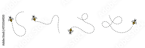 Bumble bee dash line, cute honey bee with dotted lines on white background, honey bee with dotted line vector  . eps 10