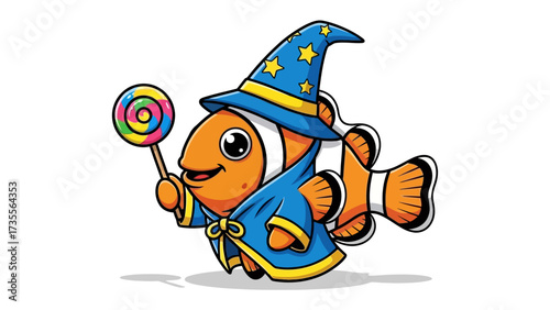 Wizard Fish With Magic Wand: A cheerful clownfish, adorned in a wizard's hat and robe, holds a colorful lollipop. This illustration evokes a sense of whimsical fantasy and playfulness.