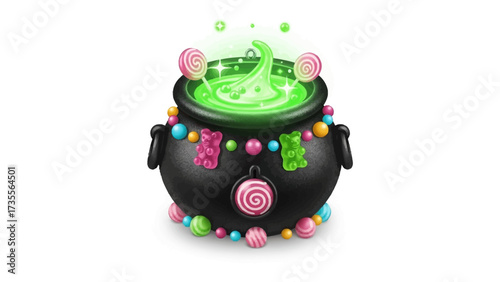Enchanting Concoction: A whimsical illustration showcases a bubbling cauldron brimming with a luminescent green potion. Adorned with festive treats, it embodies the magical spirit of celebration.