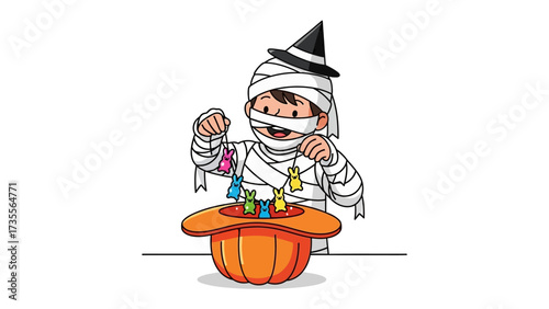 Mummy playing a game: A whimsical illustration features a child in a mummy costume engrossed in a festive game, with a pumpkin-shaped game piece, embodying Halloween joy and childhood fantasy.