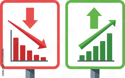 Rising green arrow and falling red arrow represent business growth and decline on white, suggesting economic trends and market fluctuations.