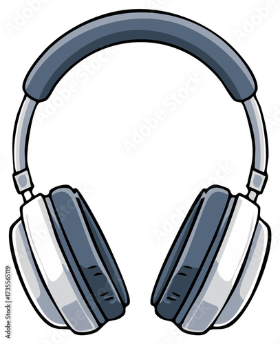 Cartoon style over ear headphones in gray and white for music audio and listening entertainment