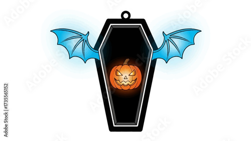 Halloween Icon: Spooky Halloween icon featuring a coffin, pumpkin and bat wings, capturing the eerie essence of All Hallows' Eve, an iconic representation of the season.