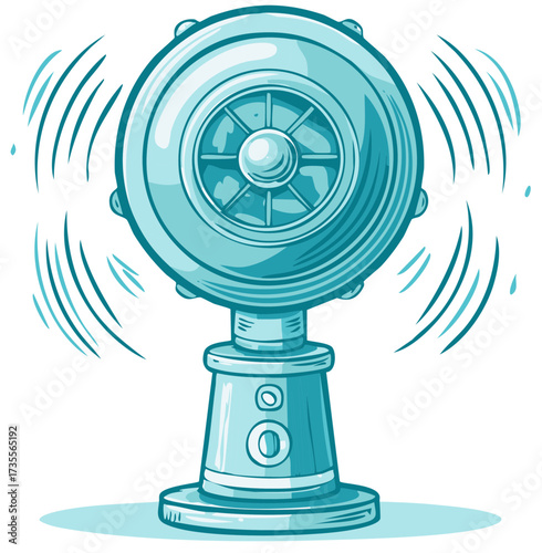 Old fashioned spinning siren in aqua blue color with lines conveying sound waves and ringing